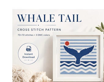 Whale Tail Cross Stitch Pattern, Nautical Coastal Embroidery Chart (PDF Download)