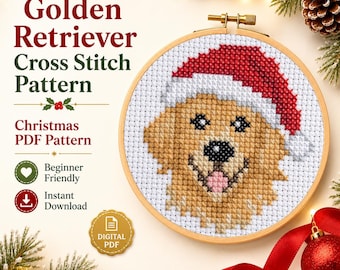 Golden Retriever Christmas Cross Stitch Pattern PDF, Dog in Santa Hat, Beginner Friendly Holiday Embroidery, Instant Download