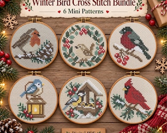 Winter Bird Cross Stitch Pattern Bundle, 6 Mini Christmas Bird Patterns, Cardinal Robin Blue Bird, Easy Digital PDF