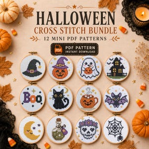 May include: A Halloween cross stitch bundle featuring 12 mini PDF patterns displayed in wooden embroidery hoops. Designs include a witch hat, pumpkin, ghost, haunted house, Boo text, black cat, pumpkin mug, bat, moon, potion, skull, and spider web.