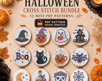 Halloween Cross Stitch Bundle, 12 Mini PDF Patterns (Instant Download)