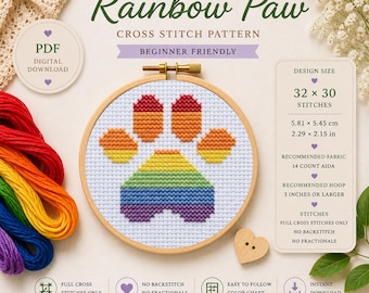 Rainbow Paw Cross Stitch Pattern | Beginner Friendly Pride Pet Lover Embroidery (PDF Download)