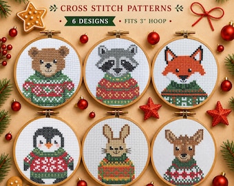 Pakket met kerstdieren kruissteekpatronen, 6 mini-bosornamenten in PDF-formaat: vos, beer, wasbeer, hert, pinguïn, konijn, borduurring van 7,6 cm (3 inch).