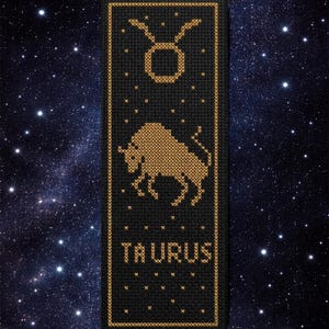 Zodiac Taurus Cross Stitch Bookmark Pattern – Modern Black & Gold, Printable PDF
