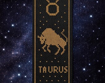 Zodiac Taurus Cross Stitch Bookmark Pattern – Modern Black & Gold, Printable PDF