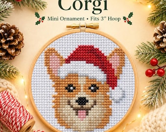 Corgi Christmas Cross Stitch Pattern PDF, Dog in Santa Hat, Cute Holiday Embroidery, Beginner Friendly Instant Download