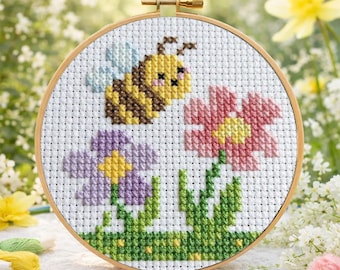 Spring Bee Cross Stitch Pattern, Bumblebee Floral Mini Design (PDF Pattern)