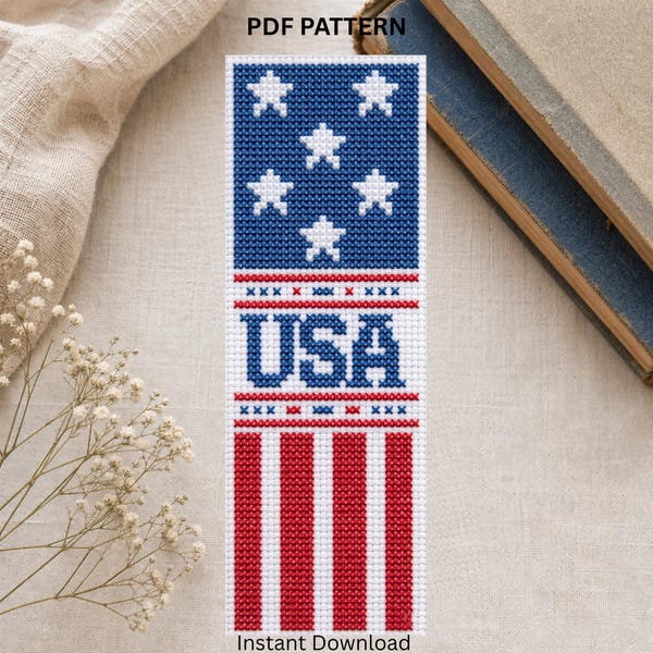 Patrón de punto de cruz para marcapáginas con la bandera de EE. UU. (Descarga en PDF)