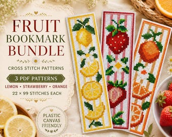 Fruit Bookmark Cross Stitch Patterns Bundle, Lemon Strawberry Orange Set (PDF)