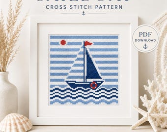 Sailboat Cross Stitch Pattern, Nautical Coastal Embroidery, Beach House Decor (PDF Download)