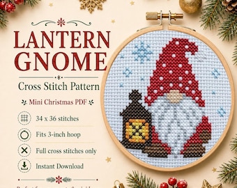 Christmas Lantern Gnome Cross Stitch Pattern PDF, Mini Holiday Ornament, Beginner 3 Inch Hoop Pattern