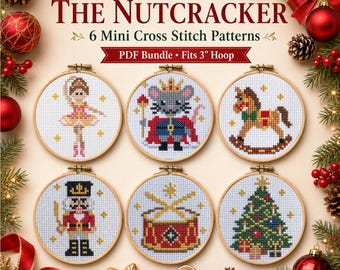 Nutcracker Cross Stitch Pattern Bundle, 6 Mini Christmas PDF Patterns, Ballerina Mouse King Rocking Horse, Ballet Ornament, 3 Inch Hoop