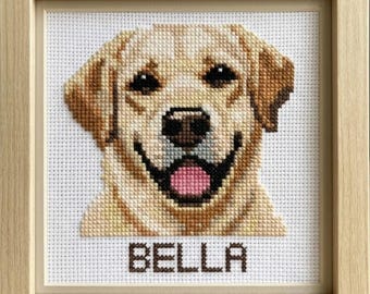 ラブラドールの仔犬　クロスステッチ刺繍完成品　(HAED社　25C) 額付き ラブラドール・レトリバーのクロスステッチ図案｜犬の肖像画ウォール