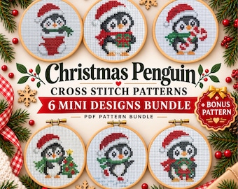 Christmas Penguin Cross Stitch Pattern Bundle, 7 Mini Penguin PDF Patterns, 3 Inch Hoop, Cute Holiday Ornament Cross Stitch