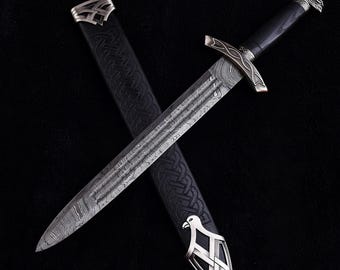 Espada vikinga de acero de Damasco forjado a mano con vaina de madera