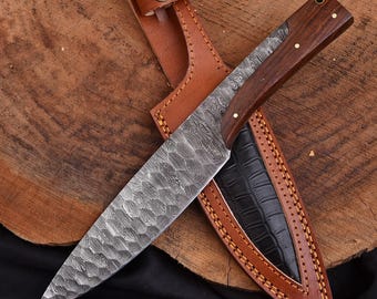 Faca Bowie artesanal em aço Damasco | Faca de caça de 30 cm com bainha de couro