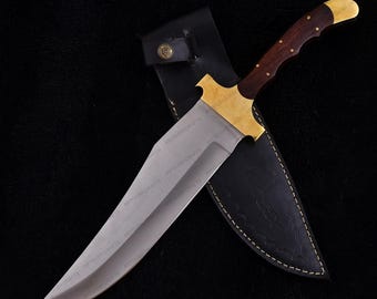 Cuchillo Bowie de acero D2 hecho a mano, mango de madera, funda de cuero