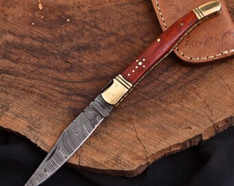 Handmade Damascus Pocket Knife, Leather Sheath, Gift for Him