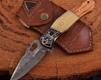 Handmade Damascus Steel Folding Knife, Pakka Wood Handle, Leather Sheath