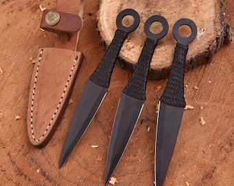 Juego de 3 cuchillos arrojadizos forjados a mano, herramientas para acampar, herramientas de caza Kunai, cuchillo afilado para acampar, regalo para él/ella.