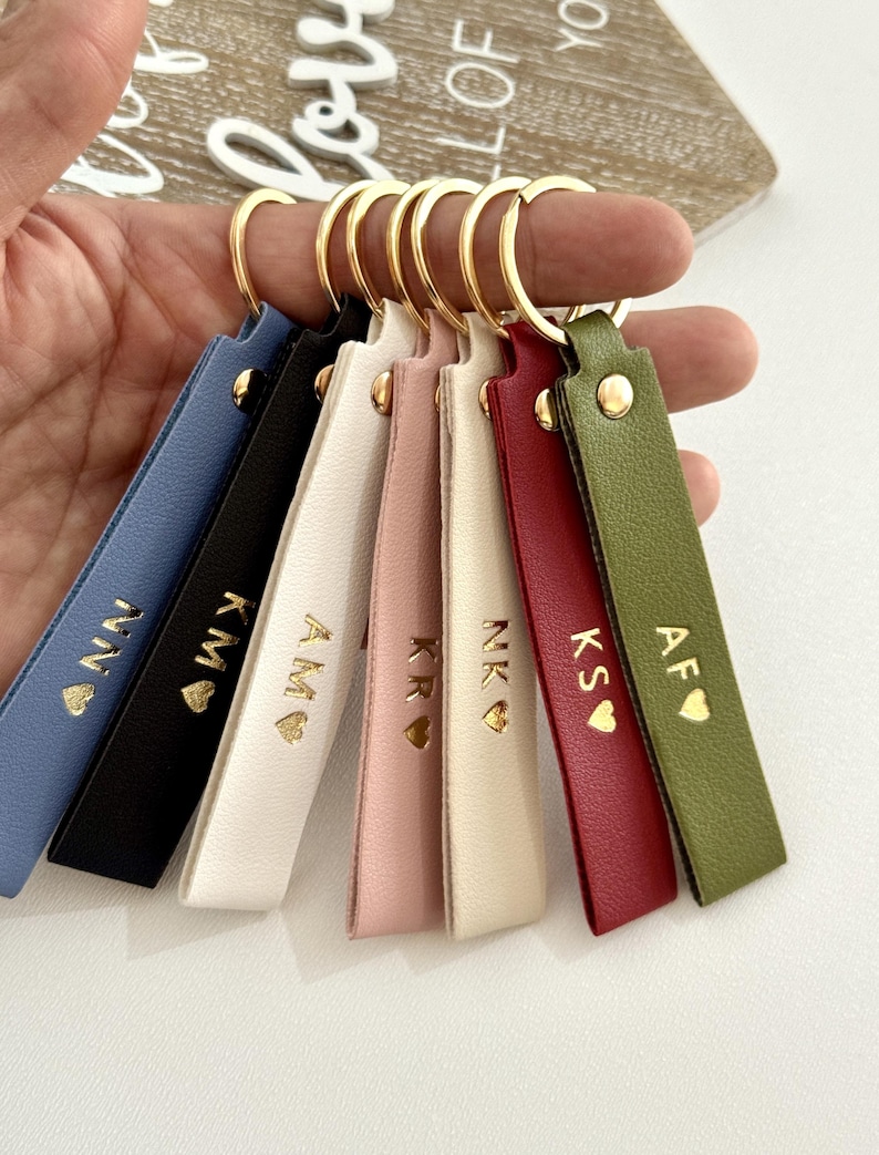 Personalised keyring, Vegan Leather Keychain, custom keychain with initials, Engraved Keyring Gift for him, Her, mum, Couples, birthday gift image 12