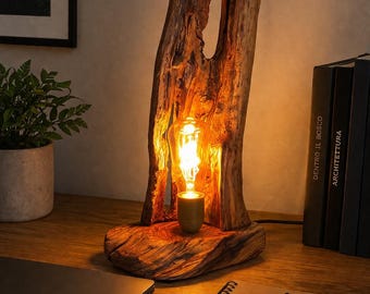 Table lamp with olive tree trunk