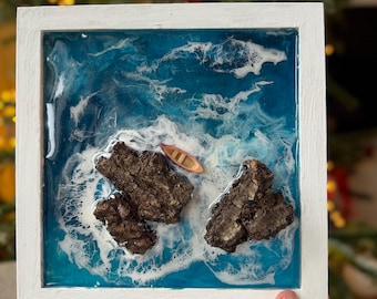 Küsten Resin Kunst | Ocean Wave Box Rahmen mit kleinem Boot