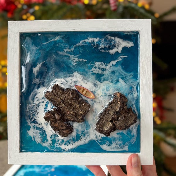 Coastal Resin Art | Ocean Wave Box Frame with Tiny Boat