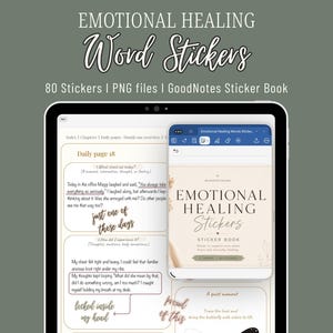 May include: Digital emotional healing word stickers displayed on a tablet screen. The interface shows a daily journal page with text boxes and handwritten-style phrases like just one of those days and locked inside my head, alongside a sticker book.
