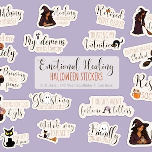 May include: A collection of digital stickers featuring illustrations of witches, ghosts, and cats with text including Emotional Healing Halloween Stickers, 51 Stickers, PNG files, GoodNotes Sticker Book, and various phrases like Witching My Mindset.