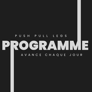 Peut inclure: Graphique noir et blanc avec du texte. Les mots "PUSH PULL LEGS PROGRAMME" sont en grandes lettres blanches. Le reste du texte comprend "12 semaines", "AVANCE CHAQUE JOUR" et "3 cycles évolutifs". Le fond est noir.