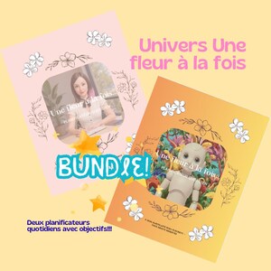 Peut inclure: Un ensemble de deux agendas quotidiens avec des motifs floraux et des étoiles. Les agendas portent les inscriptions "Une fleur à la fois" et "BUNDLE!". L'un est pêche, l'autre est orange.