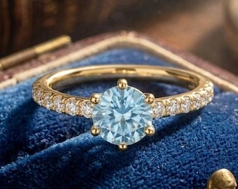 Round Aquamarine Solitaire Engagement Ring, 6-Prong Gold & Silver Band, March Birthstone