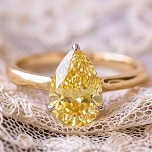 3 CT Yellow Gold Pear Diamond Ring, Engagement Promise Ring, Antique Diamond Wedding Ring, Stacking Pinky Ring for Women