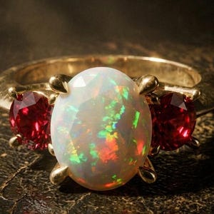 May include: A gold ring featuring a large, oval opal gemstone with flashes of color, flanked by two smaller, round, red gemstones. The ring has a classic design with a polished gold band.