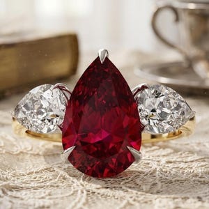 Pear Cut Ruby Engagement Ring, Three Stone Diamond, Vintage Style Gold, July Birthstone
