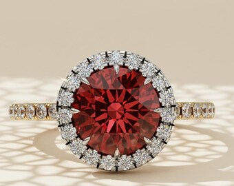 Round Ruby Halo Ring | Yellow Gold Plated Sterling Silver, CZ Accents, July Birthstone