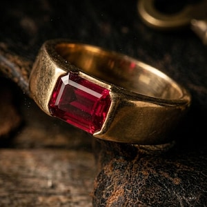 Men's Solid Gold Garnet Signet Ring | Emerald Cut Deep Red Stone, Bezel Setting