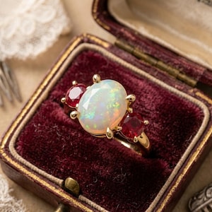 Three Stone Opal Ruby Engagement Ring, Antique Gold Vintage Gemstone Jewelry