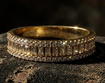 Anello eternity con moissanite baguette, fede nuziale vintage Art Déco, regalo di promessa in oro per lei