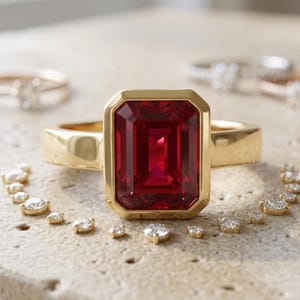 Vintage Verlobungsring Smaragdschliff Rubin , 14K Massivgold Lünette