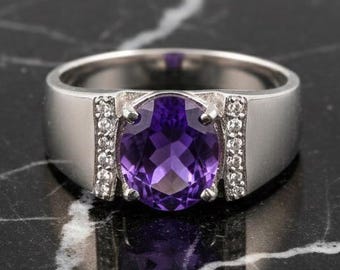 Men's Oval Purple Amethyst 925 Sterling Silver Statement Ring, February Birthstone