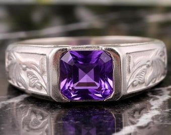 Amethyst Ring for Men | 925 Sterling Silver Purple Amethys Ring | February Birthstone