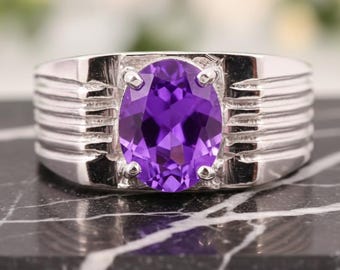 925 Sterling Silver Purple Amethys Ring for Men's