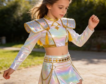 Kids Demon Hunter Cosplay Kostüm, Holographisches Regenbogen Bühnen-Outfit, K-Pop Idol Wear