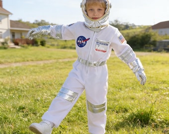 Kids Astronaut Costume, White Space Suit, NASA Patches, Polyester Jumpsuit, Stage Play Cosplay