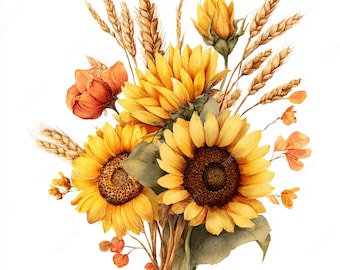 Op de afbeelding: Waterverfillustratie van een boeket met zonnebloemen, tarwearen en oranje bloemen. De zonnebloemen hebben donkerbruine centra en heldergele bloemblaadjes. De tarwearen zijn goudbruin van kleur en de oranje bloemen voegen een vleugje kleur toe.