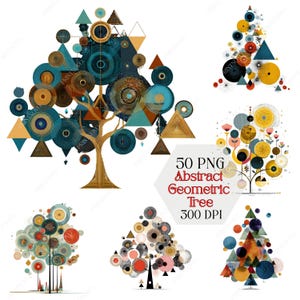 May include: A collection of abstract geometric tree designs in various styles. The trees feature circles, triangles, and other shapes in teal, gold, and brown. The image includes the text "50 PNG Abstract Geometric Tree 300 DPI."