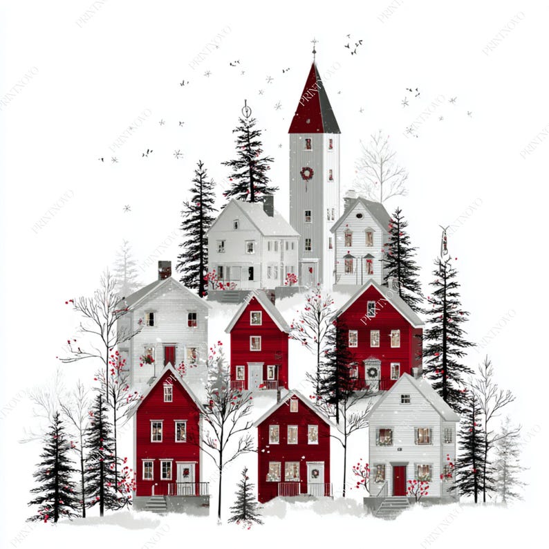 Christmas Village Clipart, Winter Scene Printable JPG files