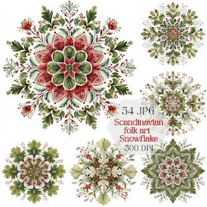 May include: A collection of six watercolor snowflake designs in a Scandinavian folk art style. The snowflakes feature intricate patterns in red, green, and white, with floral and leaf motifs. The image includes text that reads "54 JPG, Scandinavian folk art, Snowflake, 300 DPI."